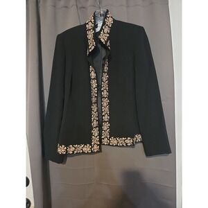 Vintage Jessica Howard Holiday Embroidered Black Jacket Size 8 Lined Mandarin